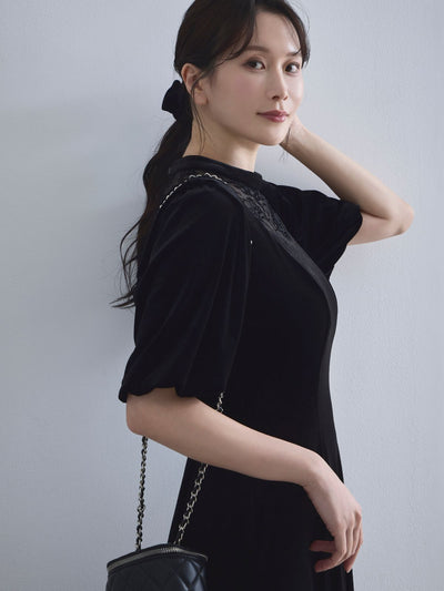 [10/9 22:00発売 期間限定 500円OFF]2wayスリーブベロアワンピース：ブラック[102サイズ対応/入荷次第発送]