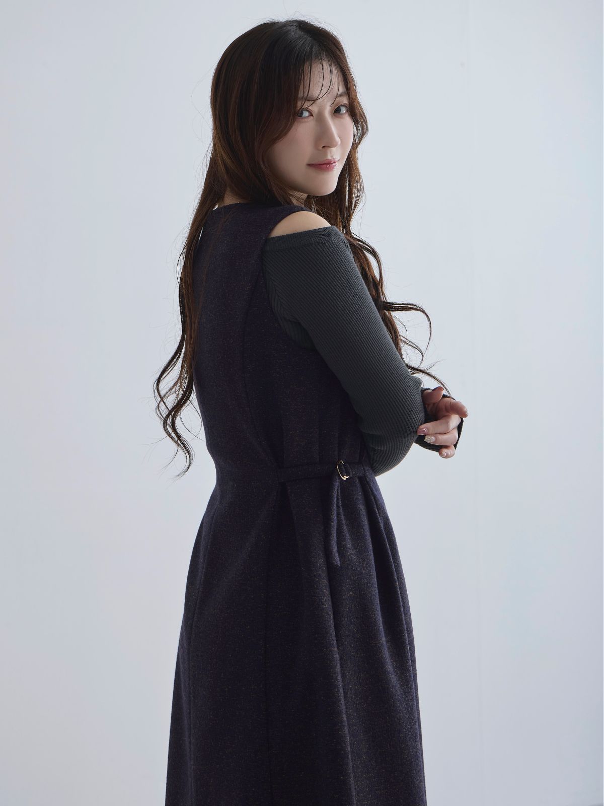 [12/4 22:00発売 期間限定 500円OFF]リニースタイルネップツイードジャンパースカート：ネイビー[102サイズ対応]