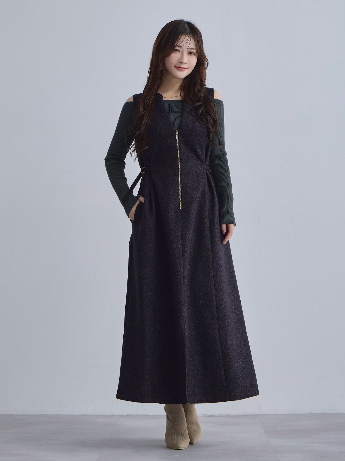 [12/4 22:00発売 期間限定 500円OFF]リニースタイルネップツイードジャンパースカート：ネイビー[102サイズ対応]