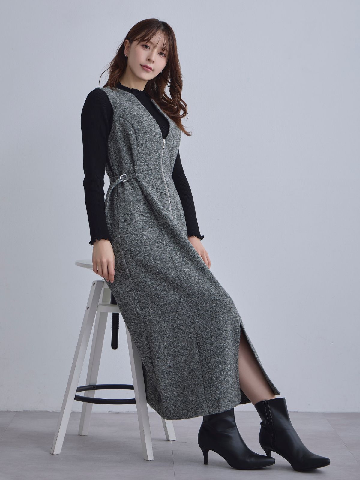 [12/4 22:00発売 期間限定 500円OFF]リニースタイルネップツイードジャンパースカート：グレー[102サイズ対応]