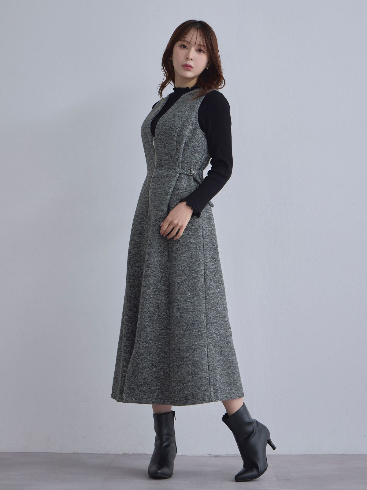 [12/4 22:00発売 期間限定 500円OFF]リニースタイルネップツイードジャンパースカート：グレー[102サイズ対応]