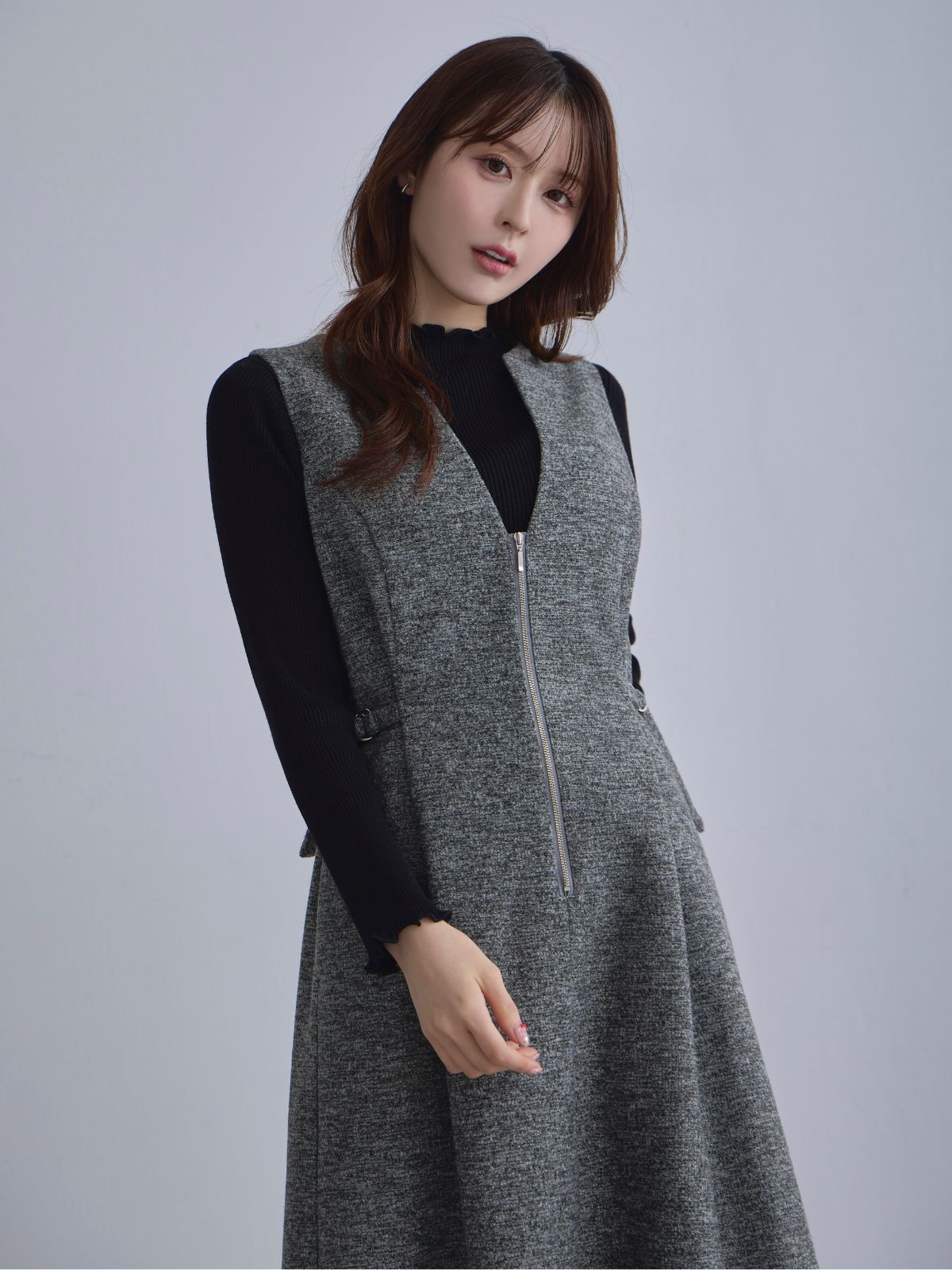 [12/4 22:00発売 期間限定 500円OFF]リニースタイルネップツイードジャンパースカート：グレー[102サイズ対応]