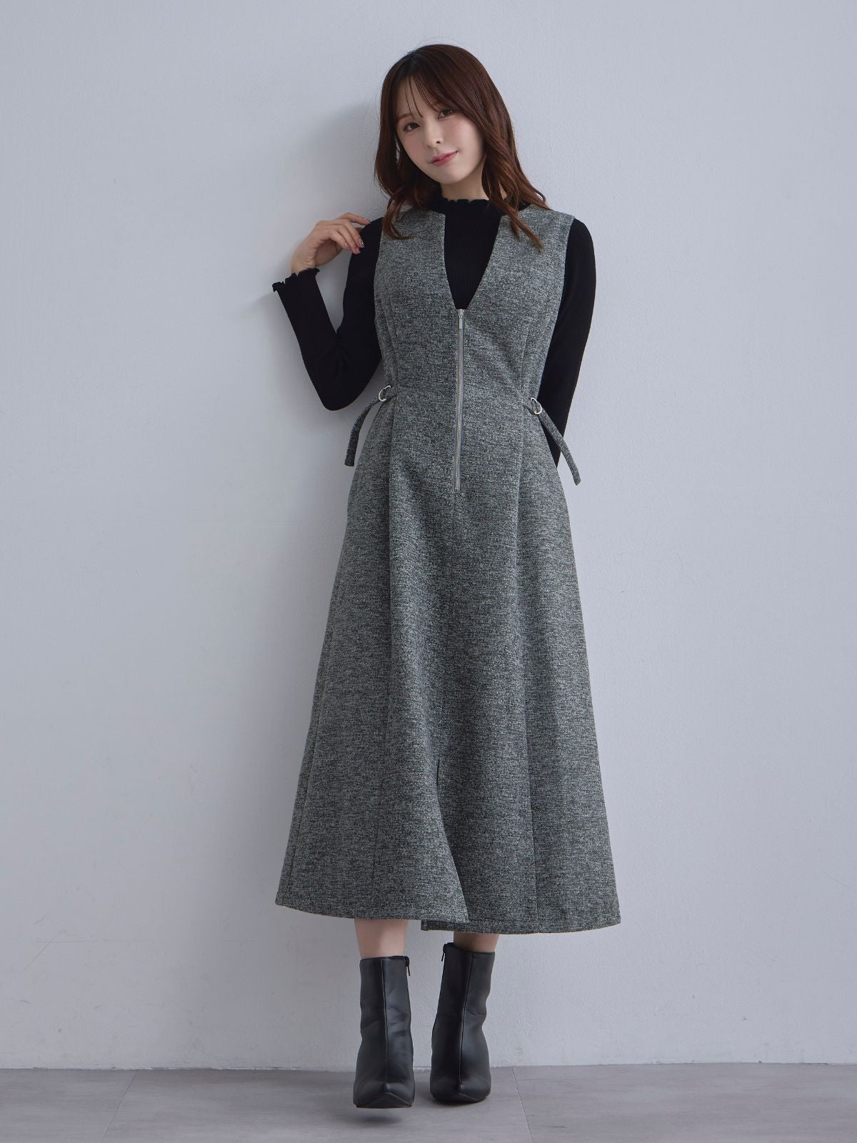 [12/4 22:00発売 期間限定 500円OFF]リニースタイルネップツイードジャンパースカート：グレー[102サイズ対応]