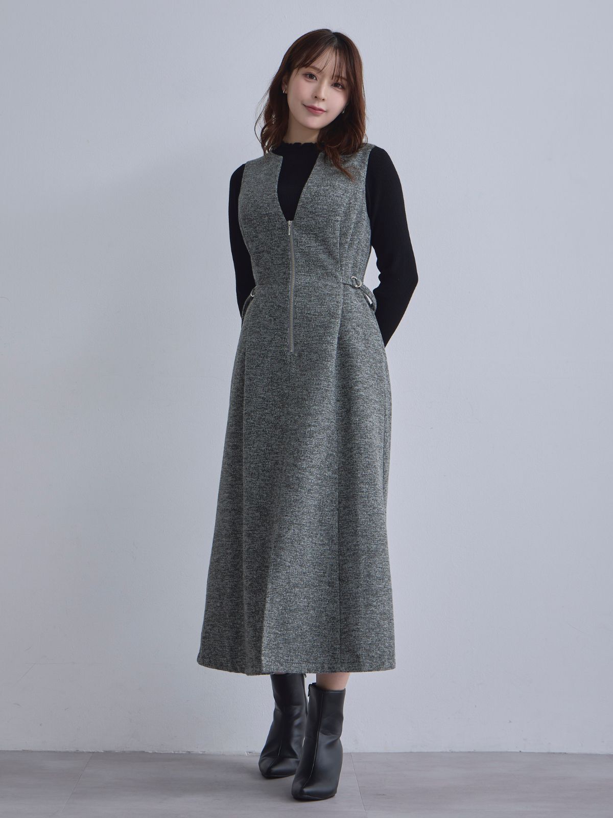 [12/4 22:00発売 期間限定 500円OFF]リニースタイルネップツイードジャンパースカート：グレー[102サイズ対応]