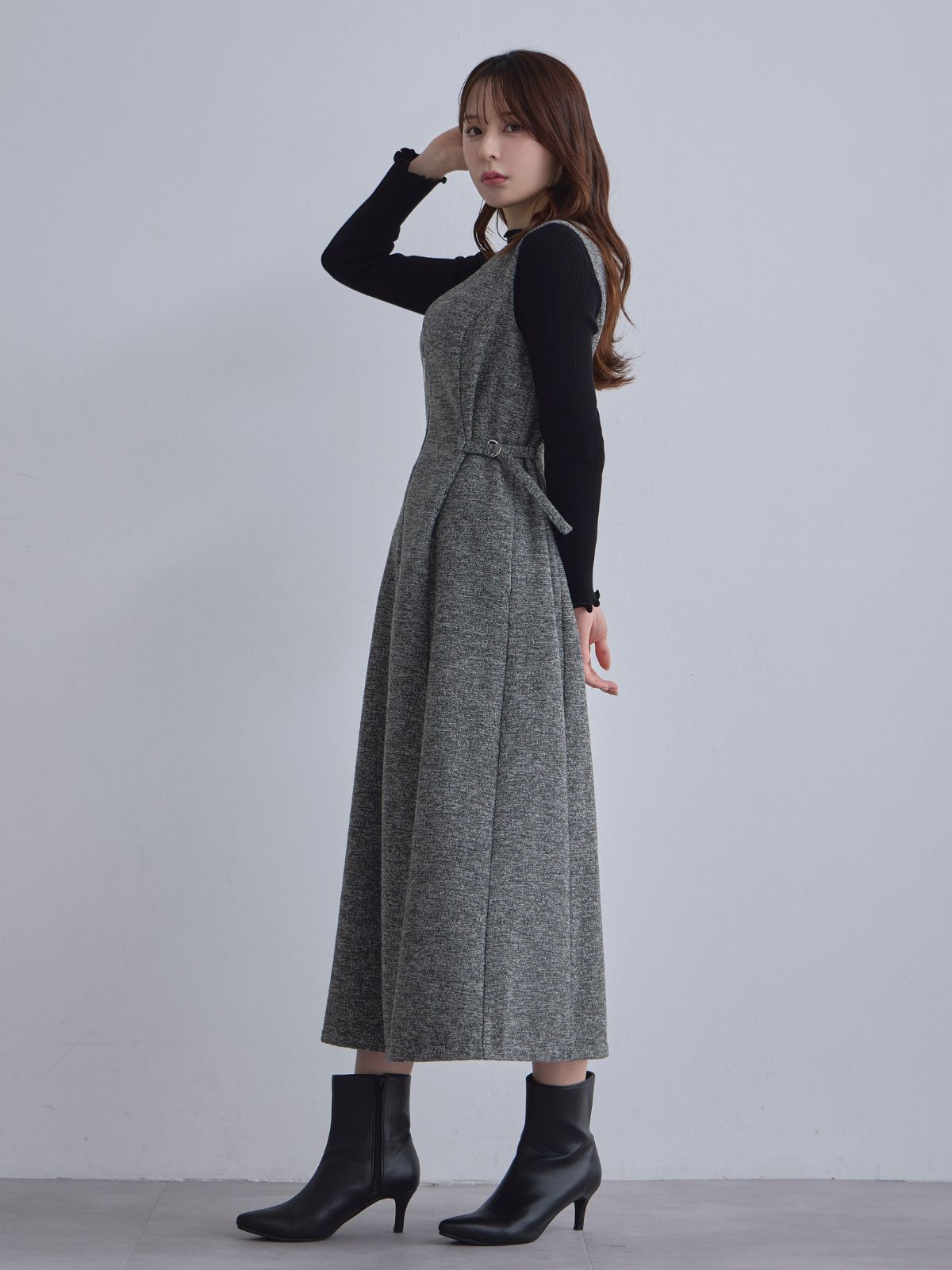 [12/4 22:00発売 期間限定 500円OFF]リニースタイルネップツイードジャンパースカート：グレー[102サイズ対応]