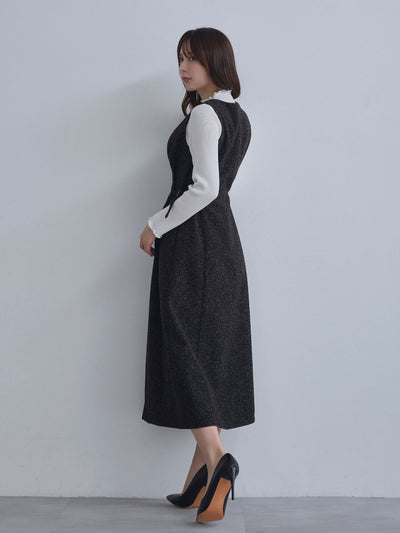 [12/4 22:00発売 期間限定 500円OFF]リニースタイルネップツイードジャンパースカート：ブラック[102サイズ対応]