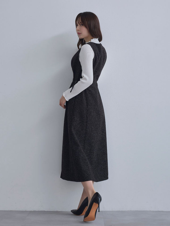 リニースタイルネップツイードジャンパースカート：ブラック│胸が