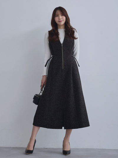 [12/4 22:00発売 期間限定 500円OFF]リニースタイルネップツイードジャンパースカート：ブラック[102サイズ対応]