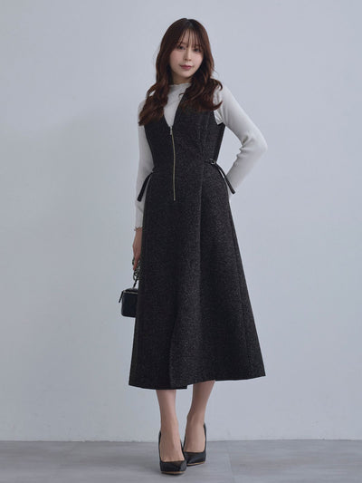 [12/4 22:00発売 期間限定 500円OFF]リニースタイルネップツイードジャンパースカート：ブラック[102サイズ対応]