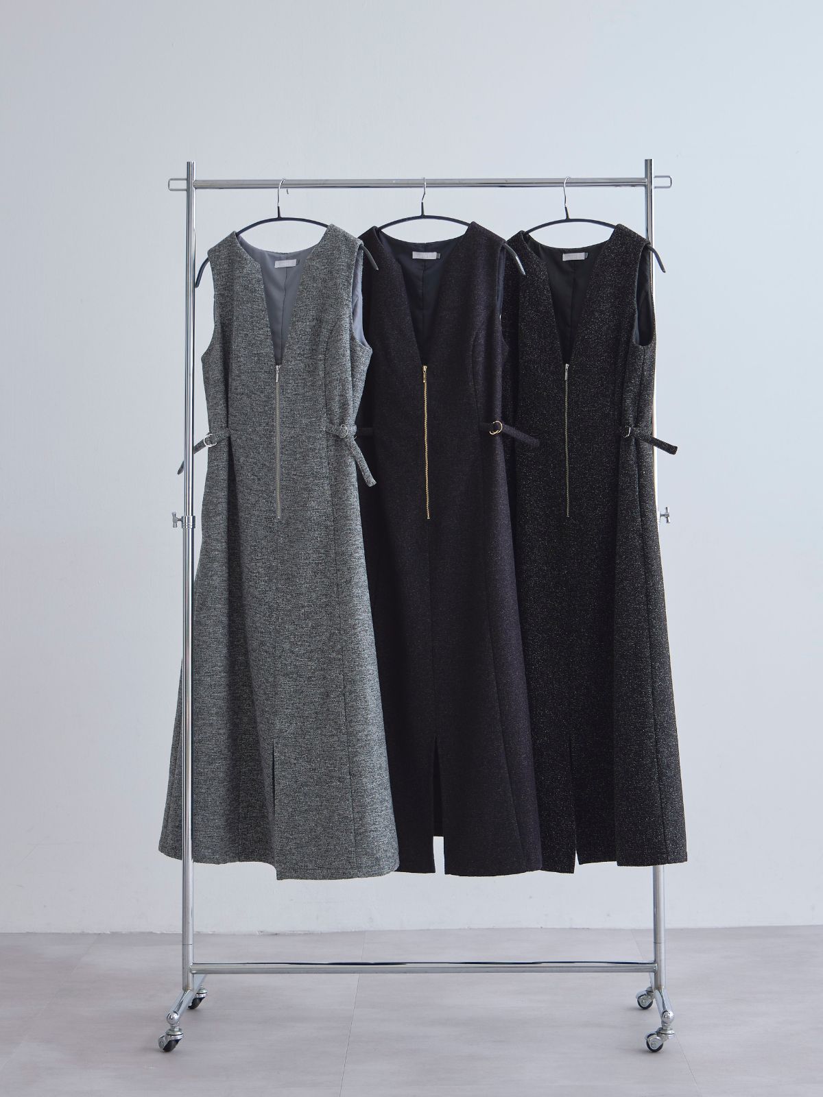 [12/4 22:00発売 期間限定 500円OFF]リニースタイルネップツイードジャンパースカート：ブラック[102サイズ対応]