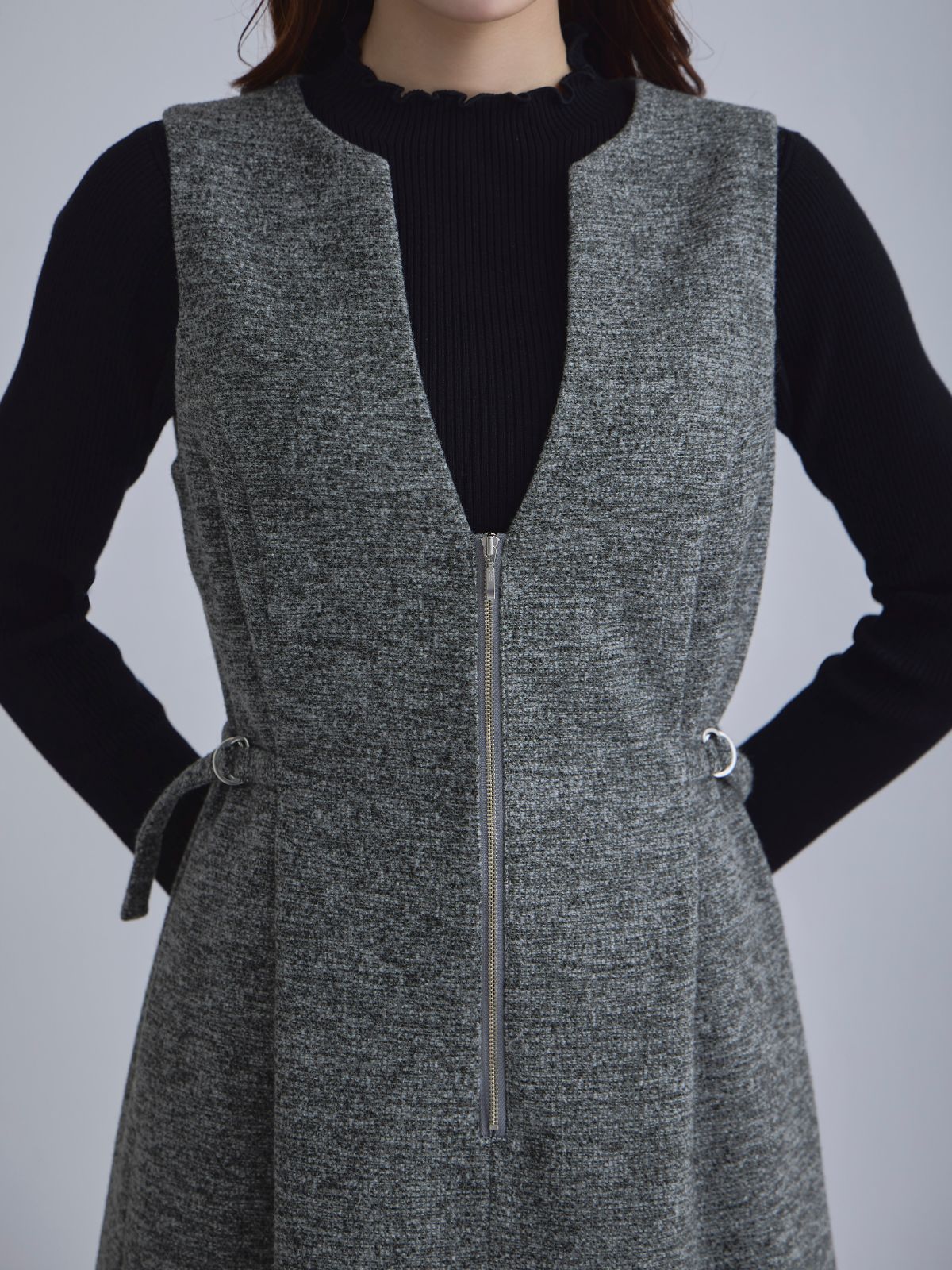 [12/4 22:00発売 期間限定 500円OFF]リニースタイルネップツイードジャンパースカート：ブラック[102サイズ対応]