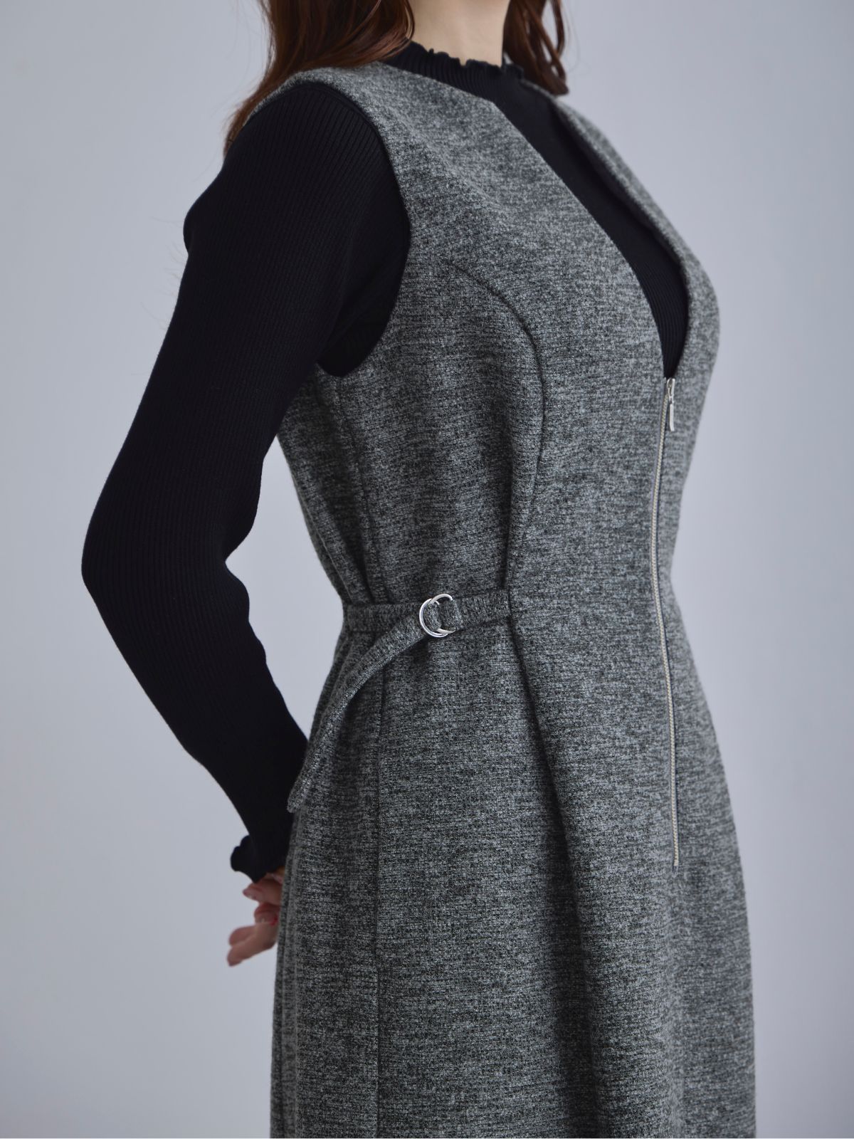 [12/4 22:00発売 期間限定 500円OFF]リニースタイルネップツイードジャンパースカート：ブラック[102サイズ対応]