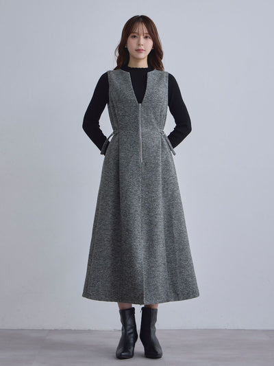 [12/4 22:00発売 期間限定 500円OFF]リニースタイルネップツイードジャンパースカート：ブラック[102サイズ対応]