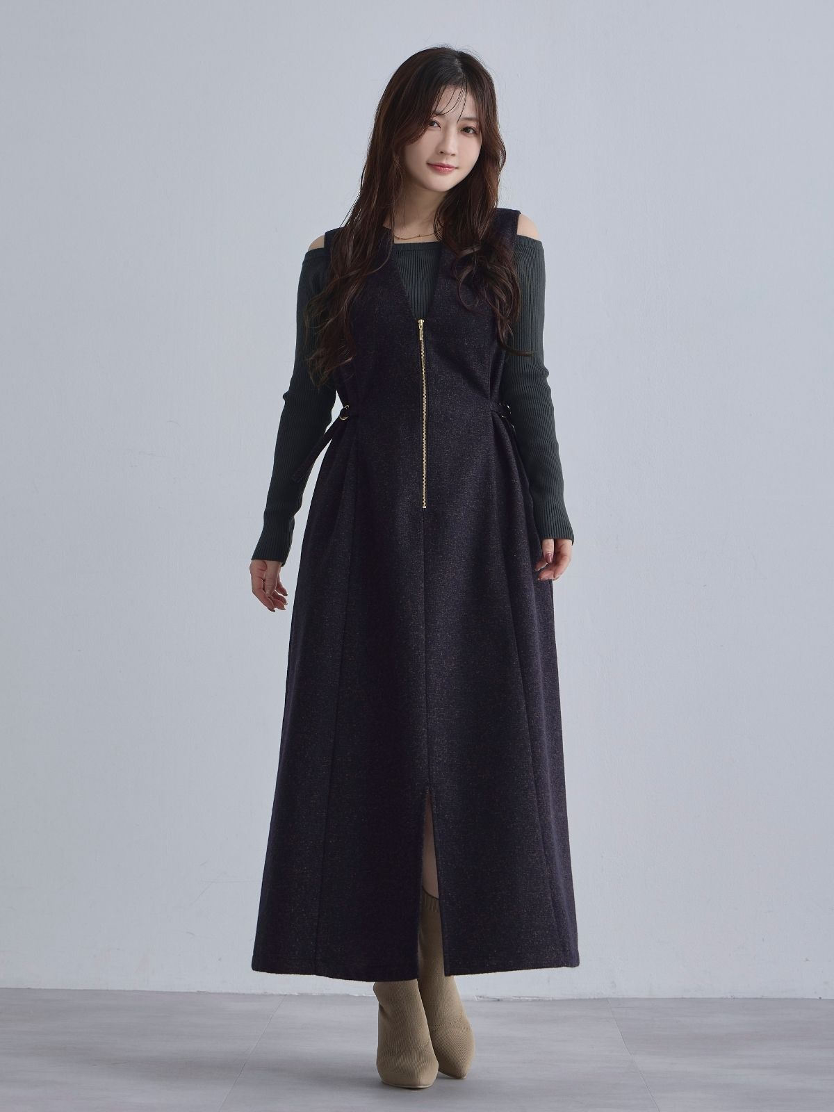 [12/4 22:00発売 期間限定 500円OFF]リニースタイルネップツイードジャンパースカート：ネイビー[102サイズ対応]