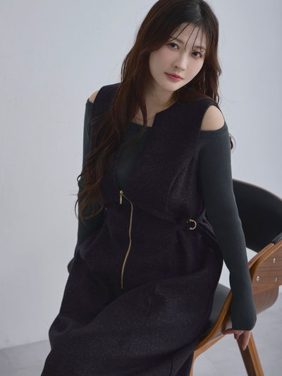 [12/4 22:00発売 期間限定 500円OFF]リニースタイルネップツイードジャンパースカート：ネイビー[102サイズ対応]