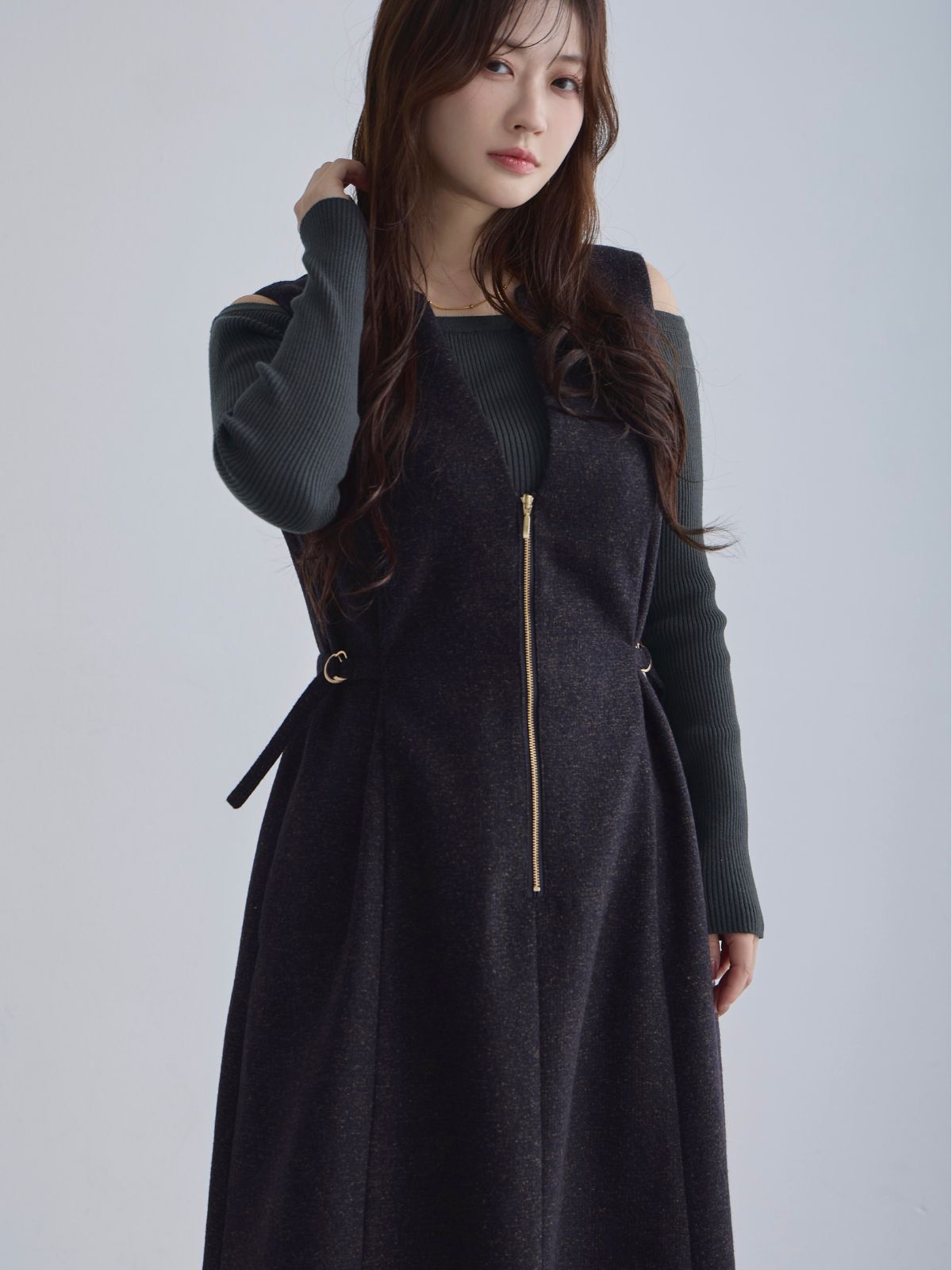 [12/4 22:00発売 期間限定 500円OFF]リニースタイルネップツイードジャンパースカート：ネイビー[102サイズ対応]