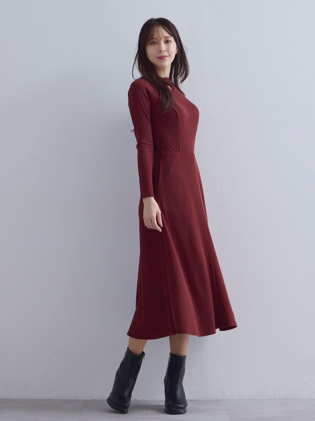 [10/23 22:00発売 期間限定 300円OFF]キーネックリブカットワンピース：ボルドー[102サイズ対応]