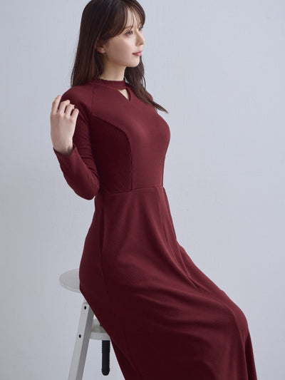 [10/23 22:00発売 期間限定 300円OFF]キーネックリブカットワンピース：ボルドー[102サイズ対応]
