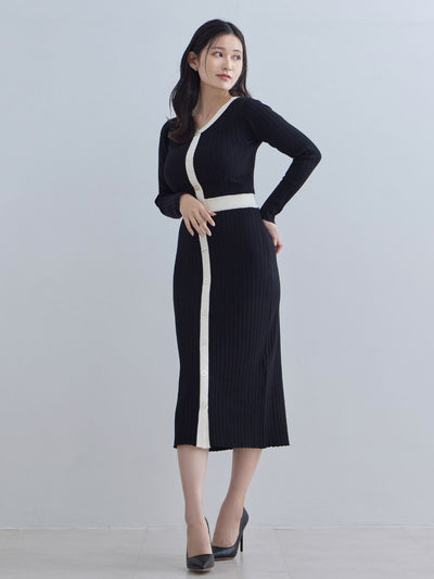 [11/20 22:00発売]タイト風ワイドリブニットワンピース：ブラックバイカラー[102サイズ対応]