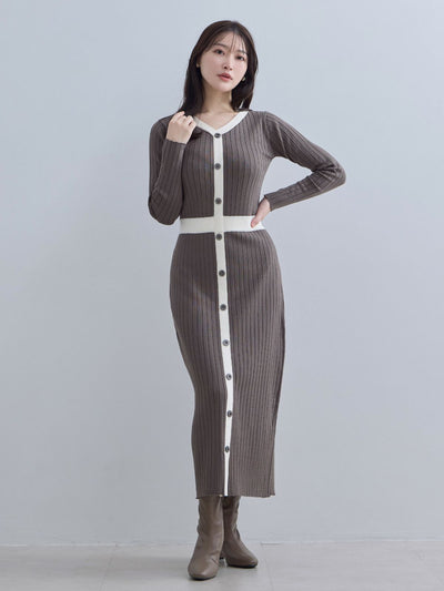 [11/20 22:00発売]タイト風ワイドリブニットワンピース：ダークモカバイカラー[102サイズ対応]