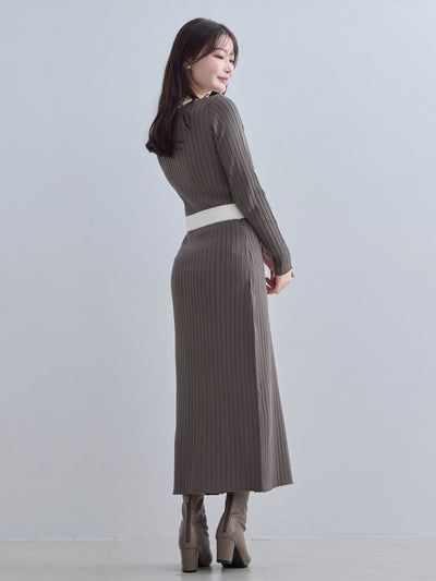 [11/20 22:00発売]タイト風ワイドリブニットワンピース：ダークモカバイカラー[102サイズ対応]