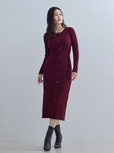 [11/20 22:00発売]タイト風ワイドリブニットワンピース：バーガンディー[102サイズ対応]