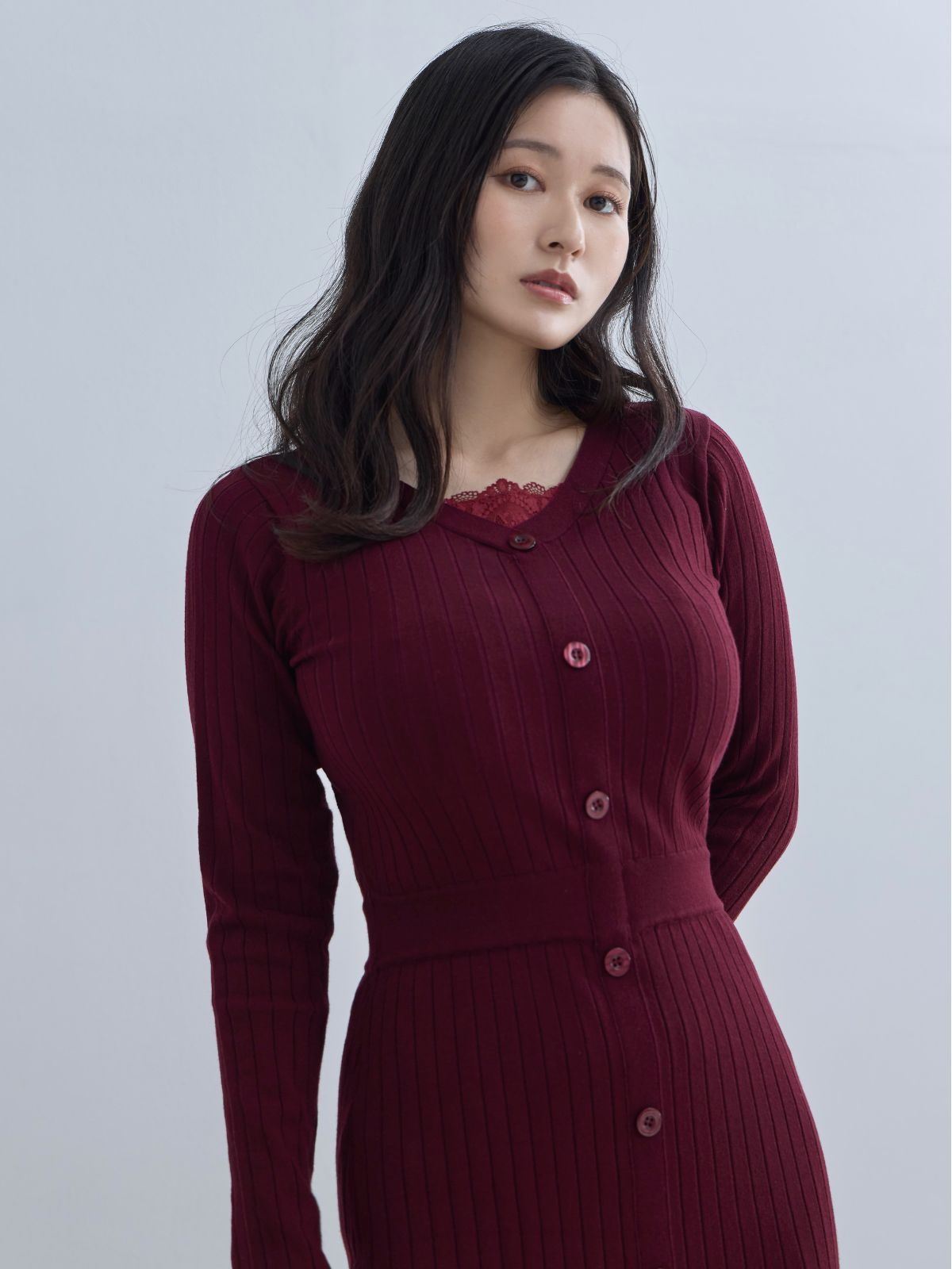 [11/20 22:00発売]タイト風ワイドリブニットワンピース：バーガンディー[102サイズ対応]