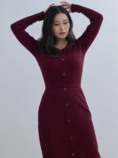 [11/20 22:00発売]タイト風ワイドリブニットワンピース：バーガンディー[102サイズ対応]