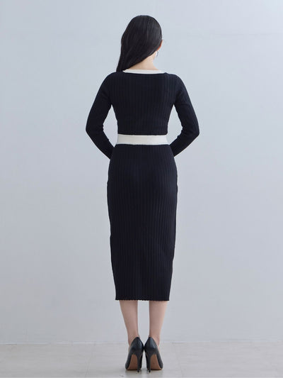 [11/20 22:00発売]タイト風ワイドリブニットワンピース：ブラックバイカラー[102サイズ対応]