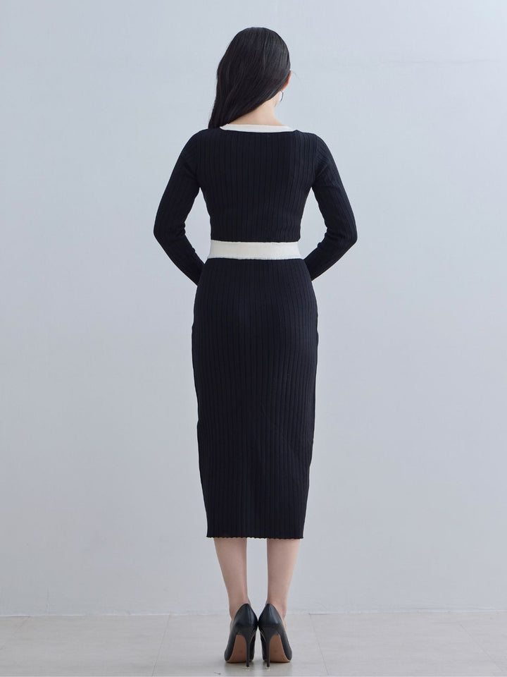 overE リニースタイル　バイカラーワンピース　 ブラック　96 タイト風ワイドリブニットワンピース：ブラックバイカラー│胸が大きな