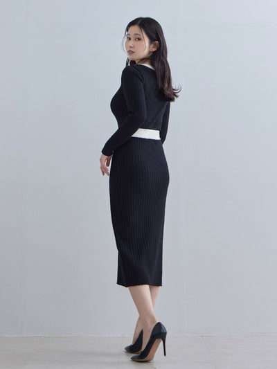 [11/20 22:00発売]タイト風ワイドリブニットワンピース：ブラックバイカラー[102サイズ対応]