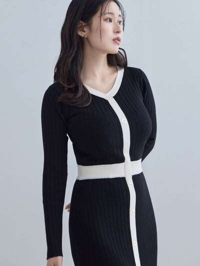 [11/20 22:00発売]タイト風ワイドリブニットワンピース：ブラックバイカラー[102サイズ対応]