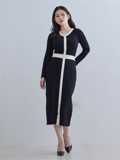 [11/20 22:00発売]タイト風ワイドリブニットワンピース：ブラックバイカラー[102サイズ対応]