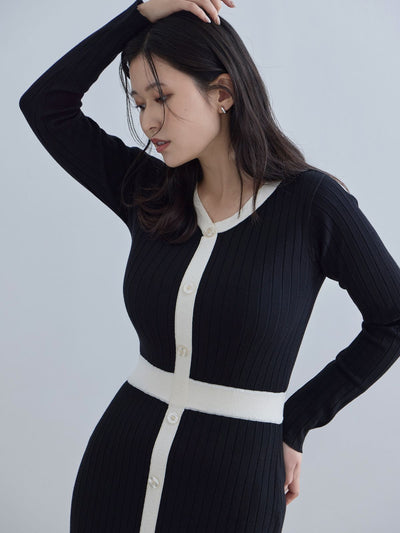 [11/20 22:00発売]タイト風ワイドリブニットワンピース：ブラックバイカラー[102サイズ対応]