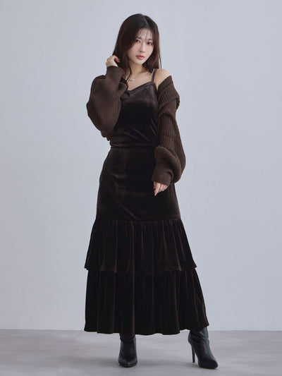 [11/27 22:00発売]ベロアキャミティアードワンピース：ブラウン[102サイズ対応]