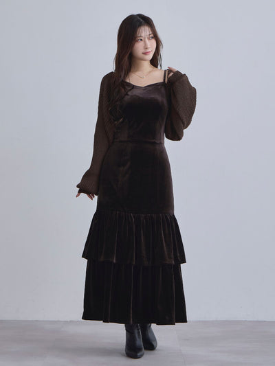 [11/27 22:00発売]ベロアキャミティアードワンピース：ブラウン[102サイズ対応]