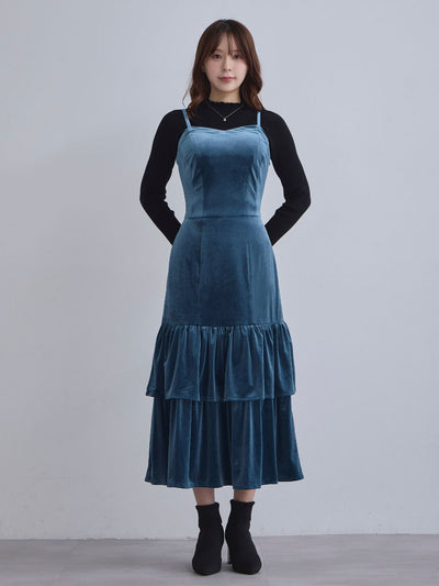 [11/27 22:00発売]ベロアキャミティアードワンピース：ブラック[102サイズ対応]