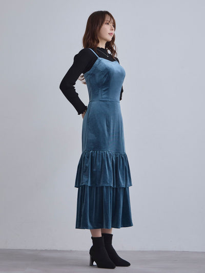 [11/27 22:00発売]ベロアキャミティアードワンピース：ブラック[102サイズ対応]