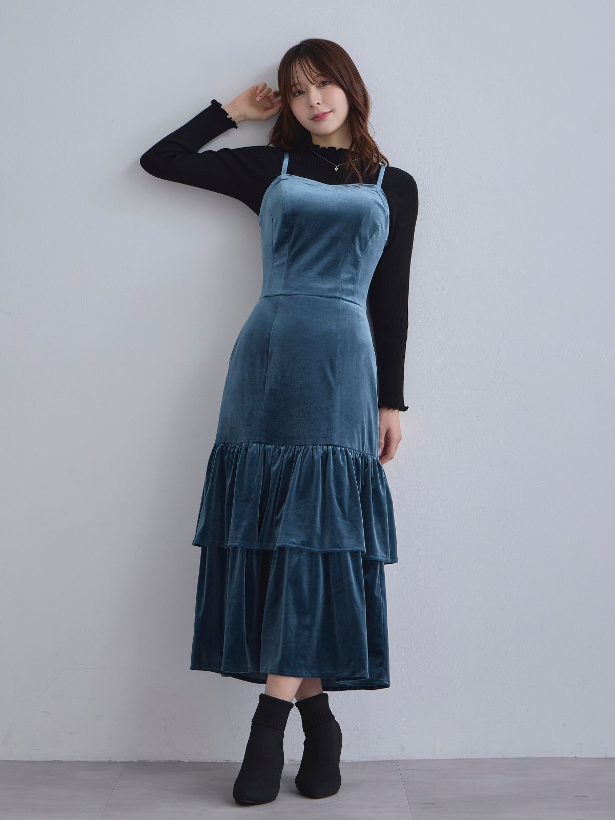 [11/27 22:00発売]ベロアキャミティアードワンピース：ティールブルー[102サイズ対応]