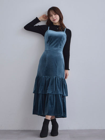 [11/27 22:00発売]ベロアキャミティアードワンピース：ティールブルー[102サイズ対応]