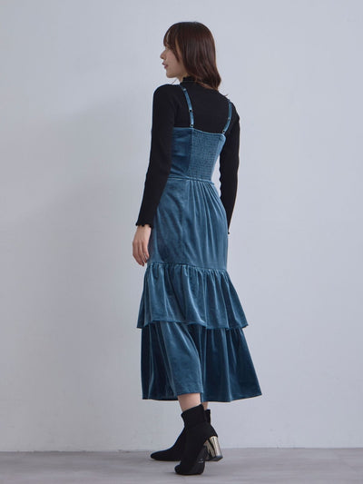 [11/27 22:00発売]ベロアキャミティアードワンピース：ティールブルー[102サイズ対応]