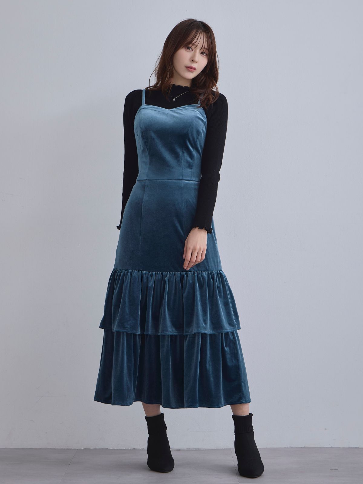[11/27 22:00発売]ベロアキャミティアードワンピース：ティールブルー[102サイズ対応]