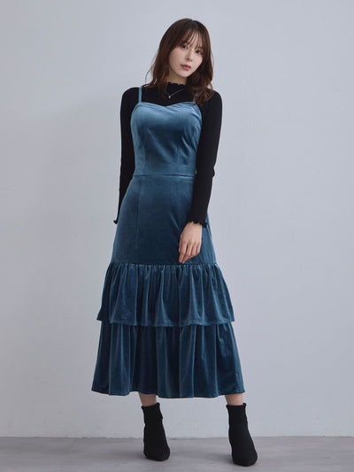 [11/27 22:00発売]ベロアキャミティアードワンピース：ティールブルー[102サイズ対応]