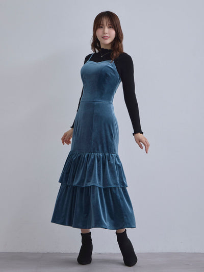 [11/27 22:00発売]ベロアキャミティアードワンピース：ティールブルー[102サイズ対応]