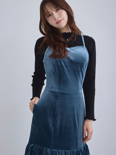 [11/27 22:00発売]ベロアキャミティアードワンピース：ティールブルー[102サイズ対応]