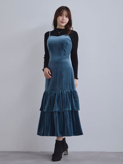 [11/27 22:00発売]ベロアキャミティアードワンピース：ティールブルー[102サイズ対応]