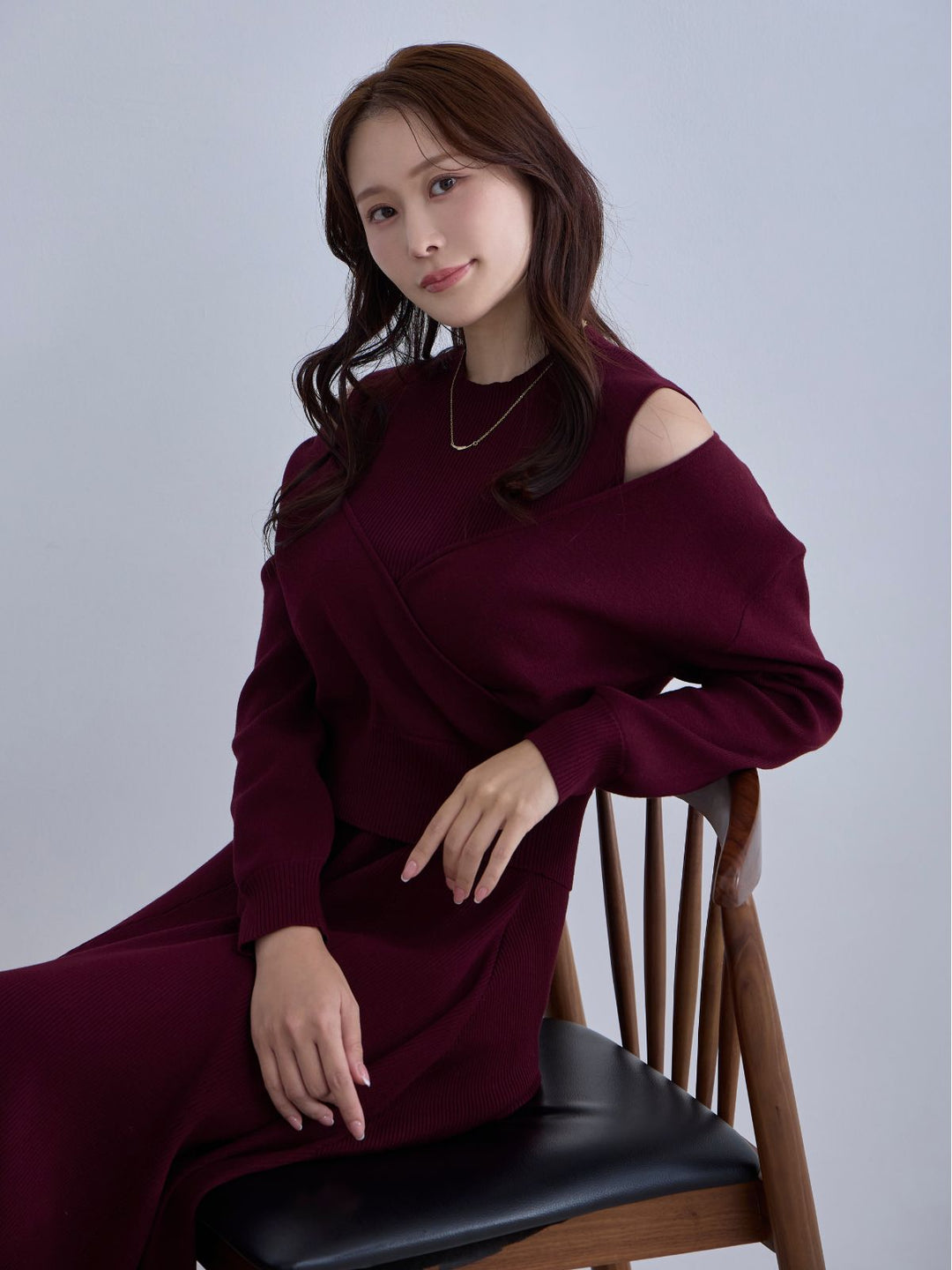 アンサンブルパネルニットワンピース：ボルドー│胸が大きな女性のため