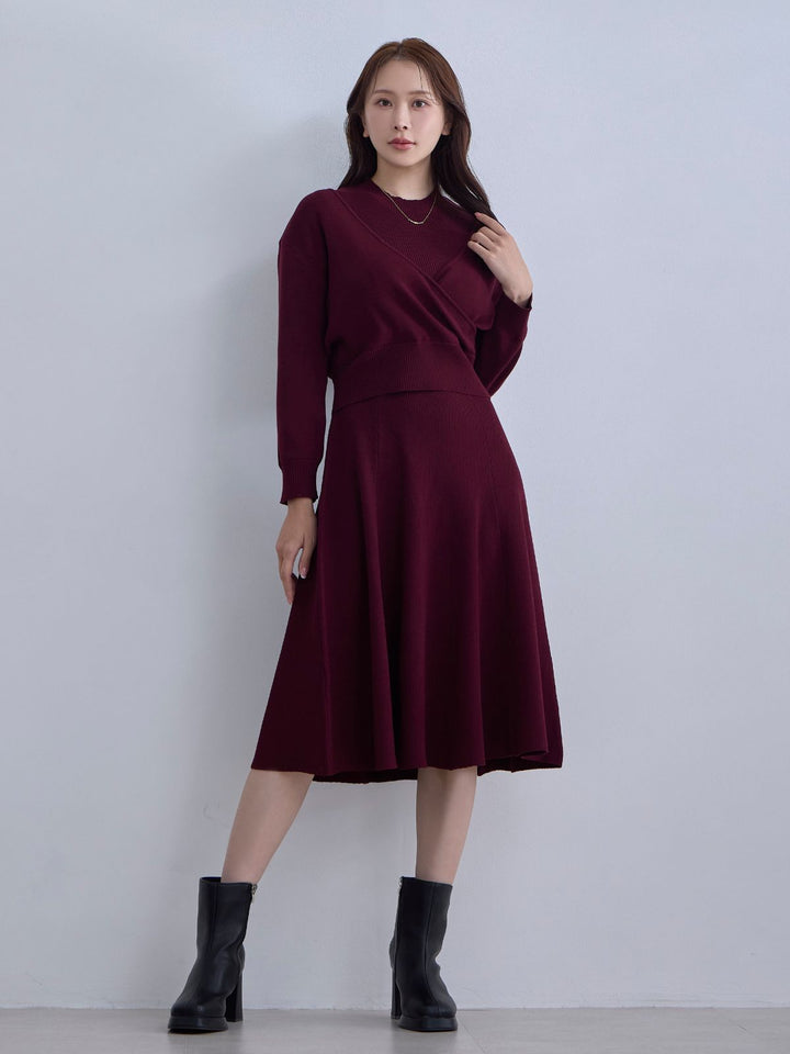 アンサンブルパネルニットワンピース：ボルドー│胸が大きな女性のため