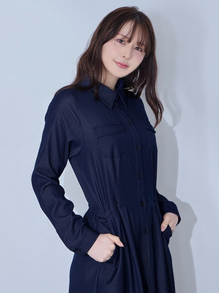 ドロストシャツワンピース 26SS：インディゴ│胸が大きな女性のための