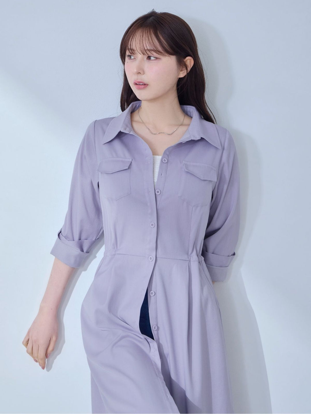 ドロストシャツワンピース 26SS：ラベンダー│胸が大きな女性のための